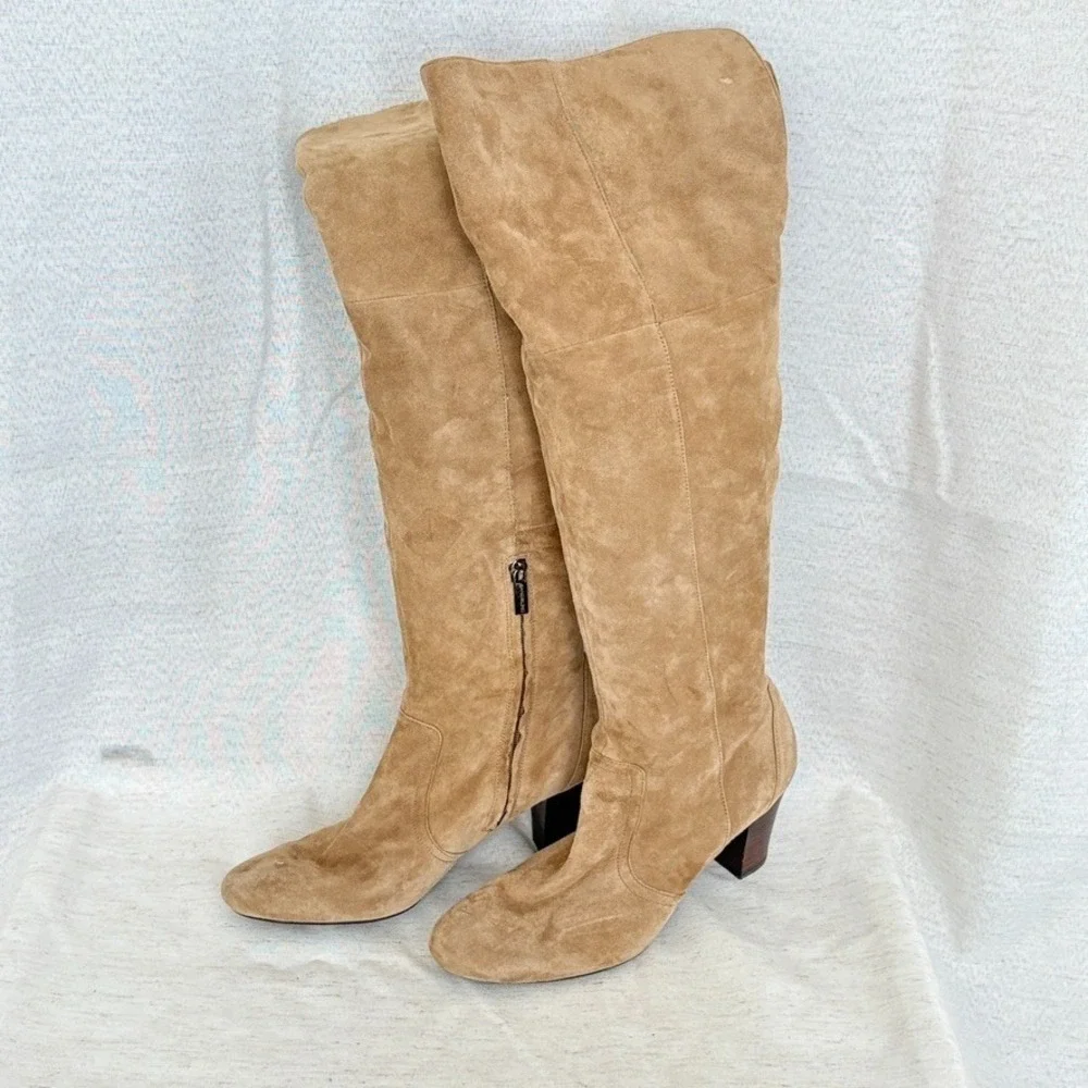 Bandolino Eye Candy Tall Tan Suede Leather Fold Over Knee‎ High Boots Women's 9